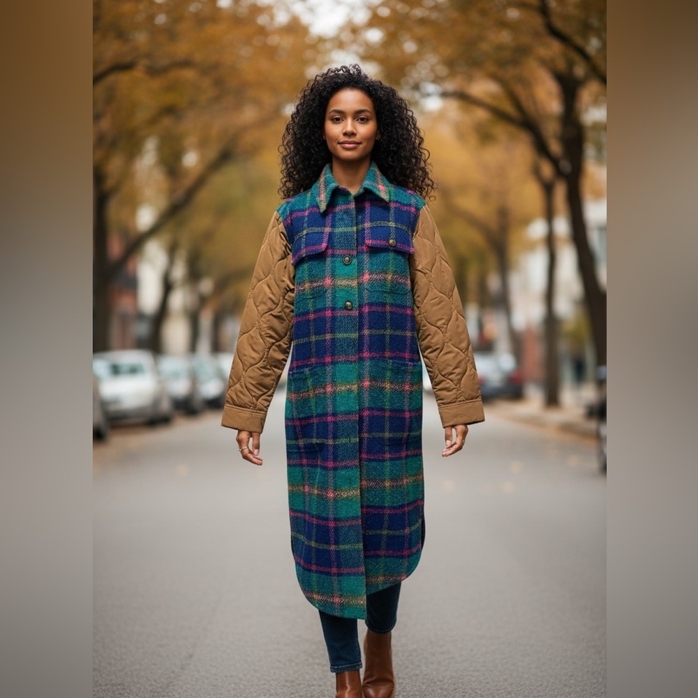 Sundance Hampshire Plaid Wool Blend Quilted Sleeve Midi Length Jacket Size M EUC